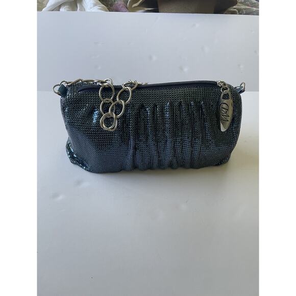 WD Whiting & Davis Blue Metalic Chain mail Mesh Shoulder Bag Evening Bag - Picture 10 of 16